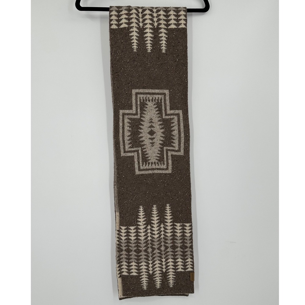 Pendleton Lambswool Blend Scarf Brown Cream Southwestern Geometric Knit Logo